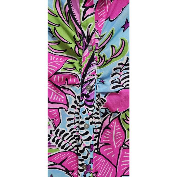 Vintage Y2K Womens Top Small Pink Blue Moon Sky Tropical Ruched Button Up Shirt - Picture 6 of 11